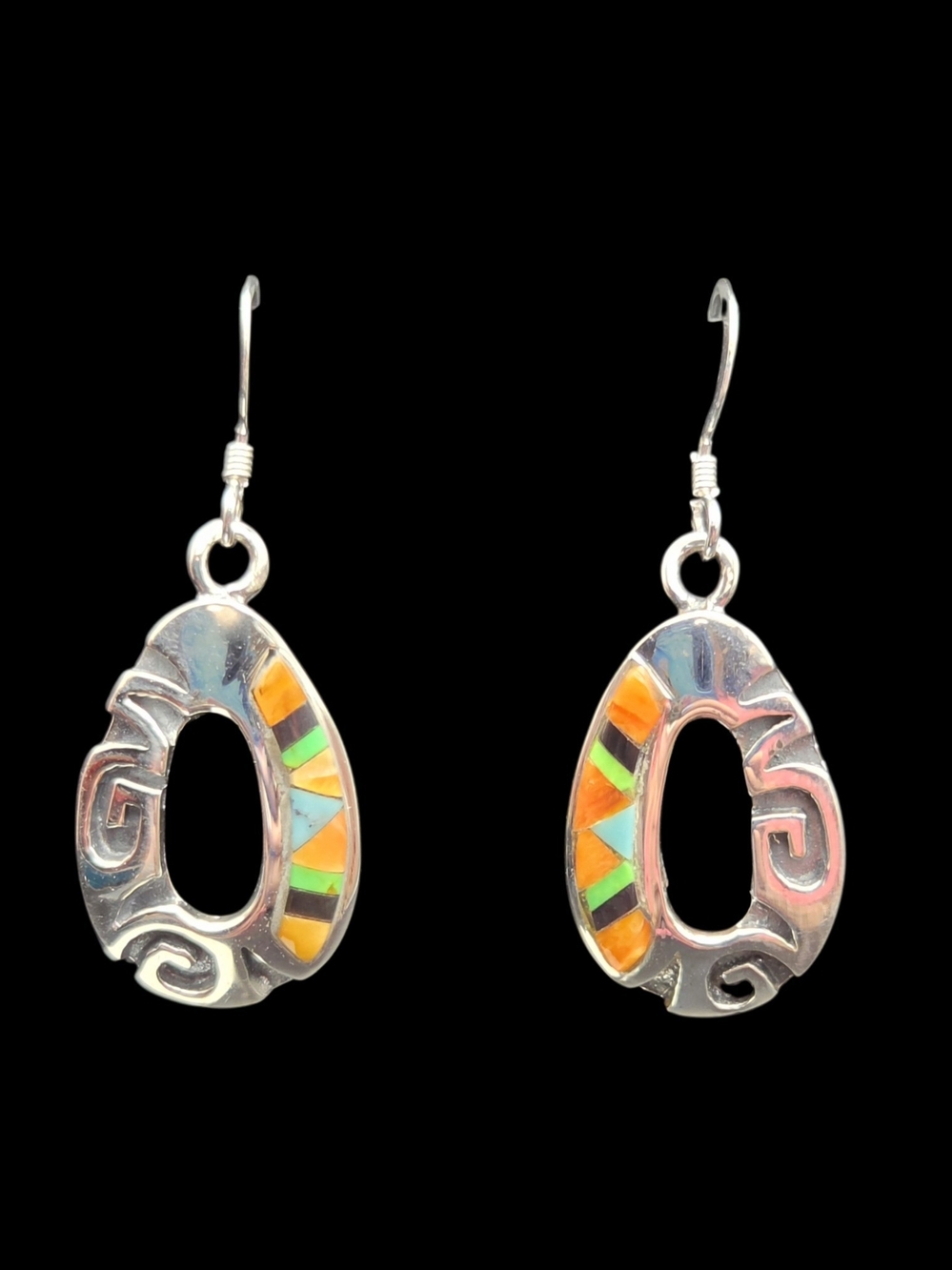 Sterling Silver Drop Earrings with Orange & Green Inlay